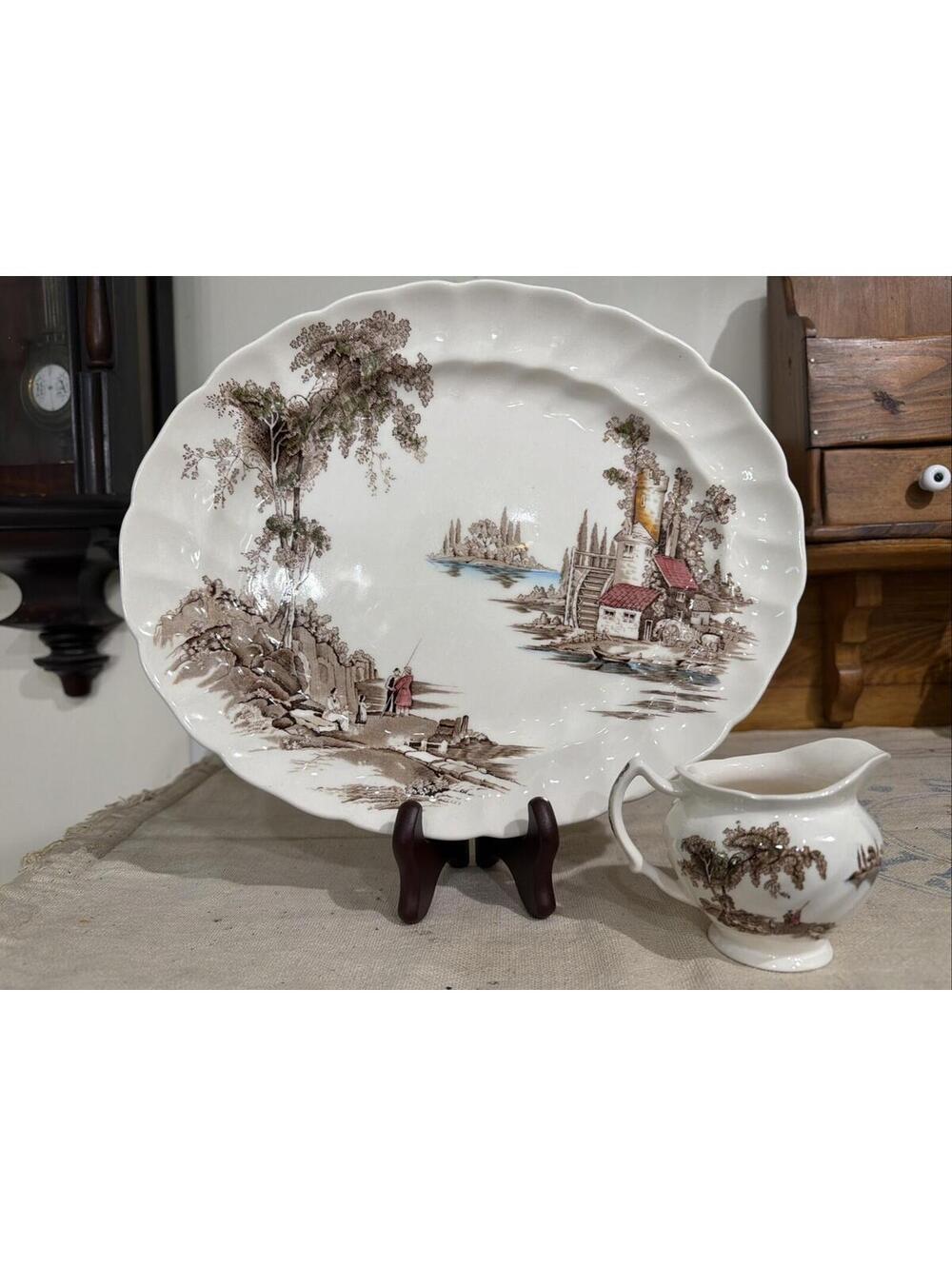 VTG Johnson Bros Old Mill Brown Oval Serving Platter 10x12” England And Creamer